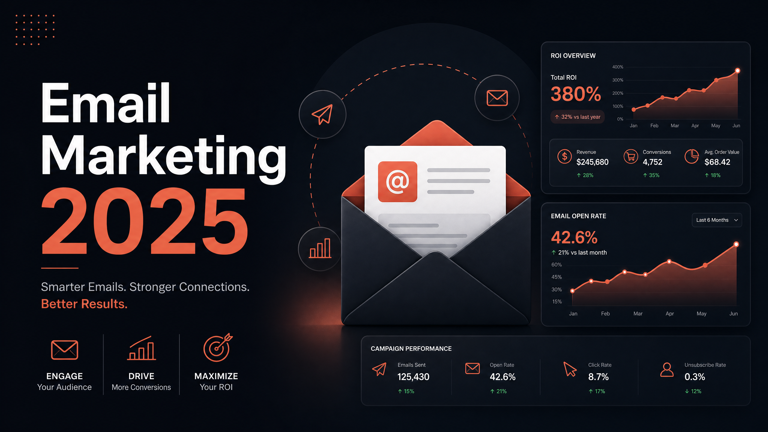 Email marketing 2025 — dashboard com ROI, taxa de abertura e métricas de campanha