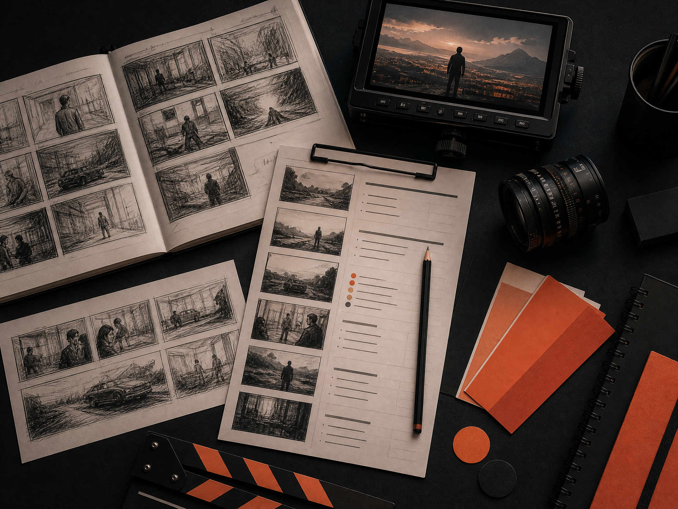 Direção criativa e roteiro organizados em storyboard para produção audiovisual
