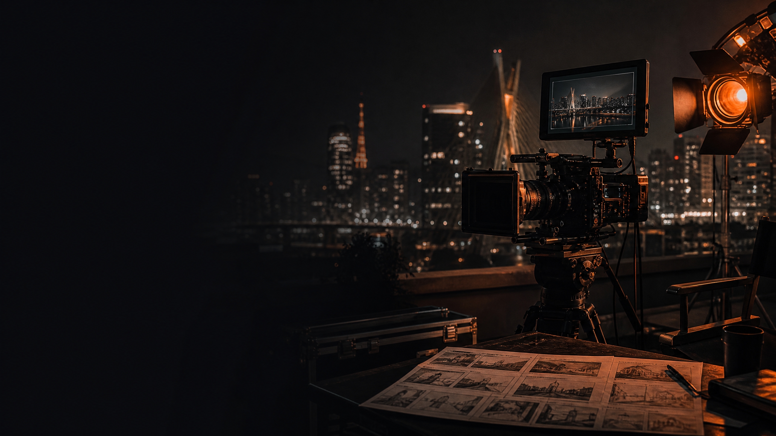 Produção profissional de foto e vídeo com câmera, luz e monitor de direção criativa