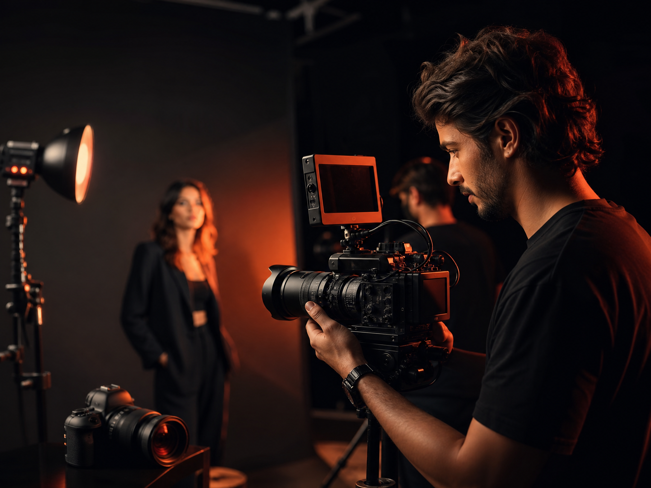 Profissional operando câmera de cinema durante gravação de conteúdo de marca