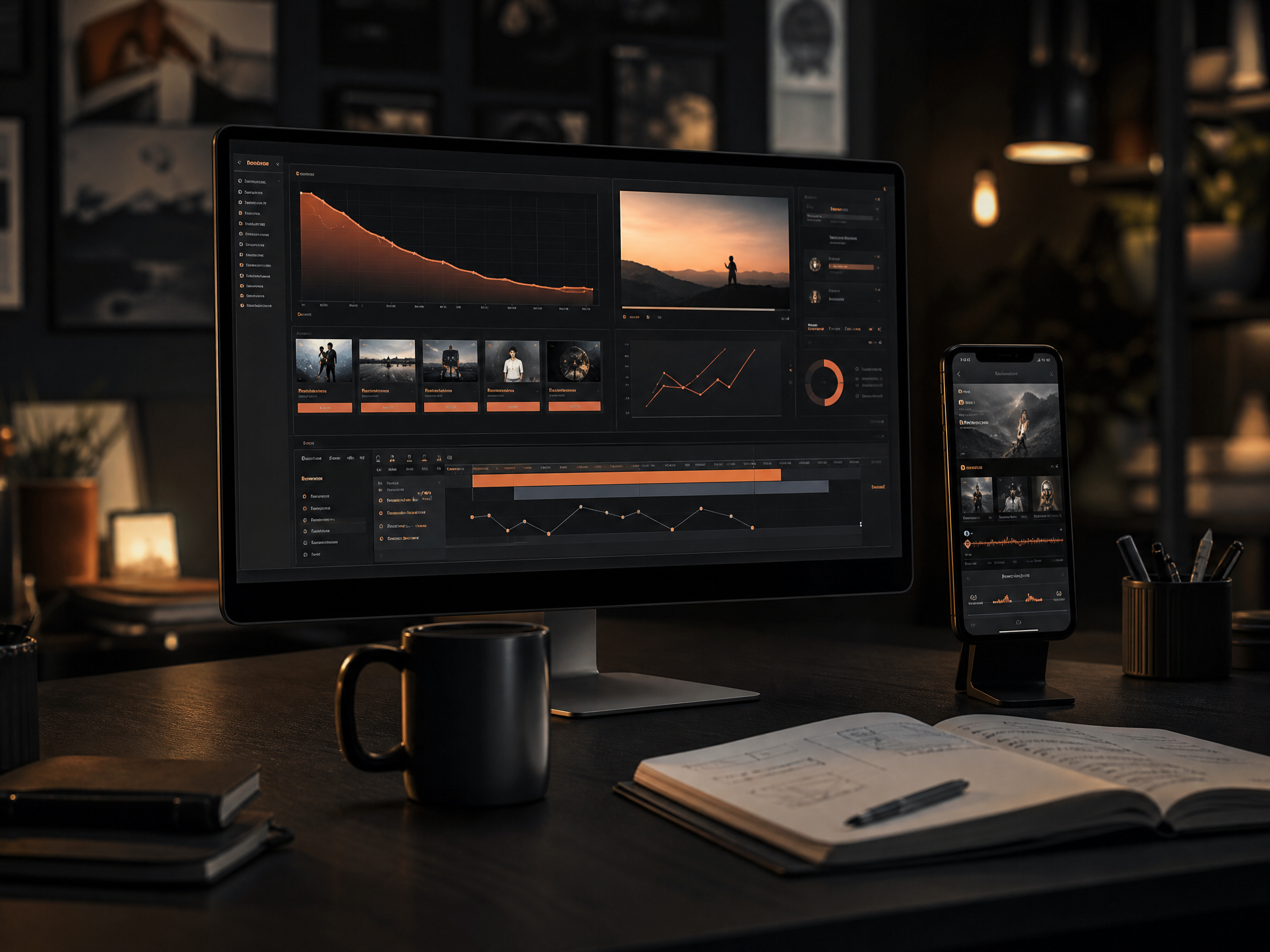 Dashboard de conteúdo audiovisual com métricas de retenção e desempenho