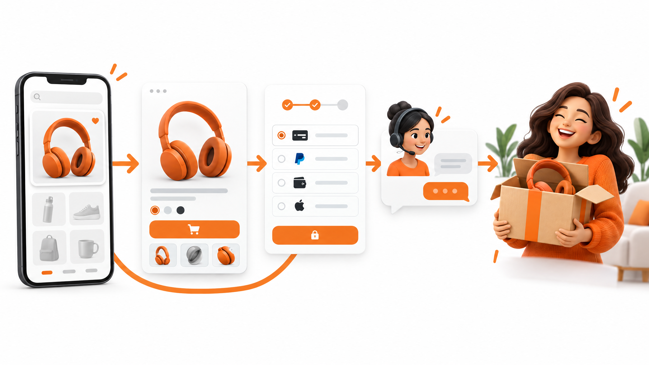 Ilustração de jornada de compra online conectando descoberta, página de produto, checkout, atendimento e entrega